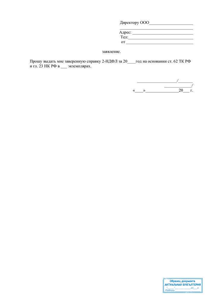Образец заполнения бланка заявления на получение справки 2-НДФЛ 2024 года
